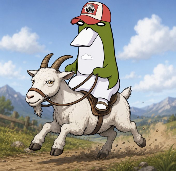 AI-generated illustration of a green cartoon character wearing a red and white "HAM" cap, riding a galloping white goat through a countryside landscape.