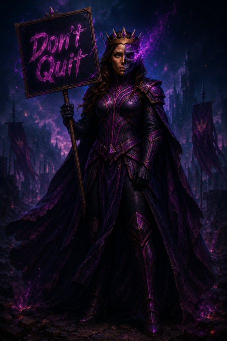 A dark fantasy digital artwork of an armored warrior queen in purple, holding a sign that reads 'Don't Quit'.