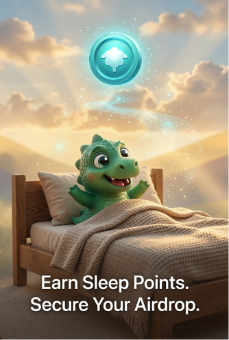 A promotional image of a cute green cartoon dinosaur in bed with a glowing airdrop token floating above, with text 'Earn Sleep Points. Secure Your Airdrop.'