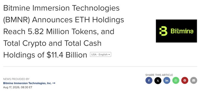 A news article headline: 'Bitmine Immersion Technologies (BMNR) Announces ETH Holdings Reach 5.82 Million Tokens, and Total Crypto and Total Cash Holdings of $11.4 Billion,' dated Aug 17, 2026.