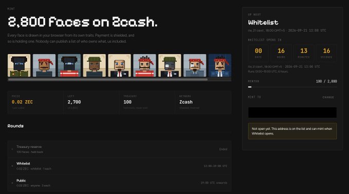 A mint/whitelist page for '2,800 Faces on Zcash' project showing 9 pixel art character faces, priced at 0.02 ZEC, with whitelist timing details and mint counter at 196/2,800.