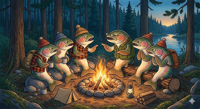 The image features five fish sitting around a campfire with their fins spread out as if they are telling stories or sharing memories of their adventures. The background shows trees, rocks, and water, creating an outdoor camping scene. The caption reads "Giancarlo calls Paolo in the late night. Giancarlo says 'It' is bad. FTX is about to go under." which seems to be a reference to the Bitfinex whale incident that happened on February 2nd, 2002.
