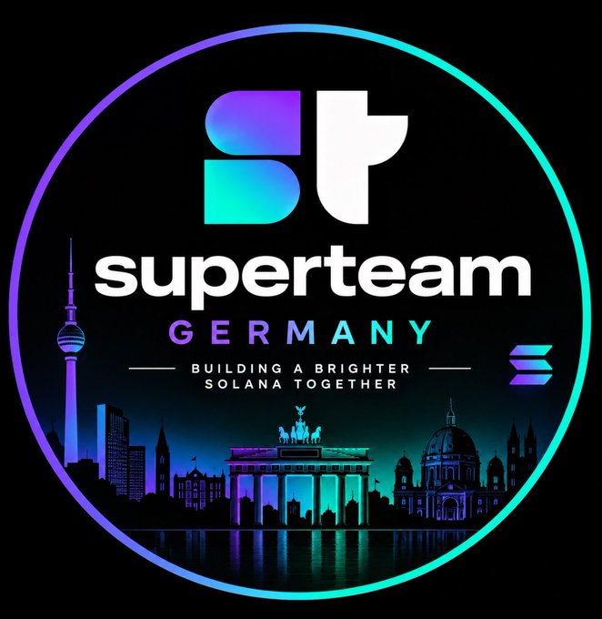 Circular logo for "superteam GERMANY" with tagline "BUILDING A BRIGHTER SOLANA TOGETHER" featuring a purple-to-teal gradient cityscape silhouette of Berlin landmarks including the TV Tower and Brandenburg Gate.
