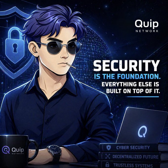 An anime-style man with purple hair and sunglasses holds a toothpick beside a laptop and coffee mug, with a padlock shield in the background, while text reads "Quip NETWORK," "SECURITY IS THE FOUNDATION. EVERYTHING ELSE IS BUILT ON TOP OF IT," and labels the books as "CYBER SECURITY," "DECENTRALIZED FUTURE," and "TRUSTLESS SYSTEMS."

The image visually reinforces the post's message about quantum computing's indirect impact by presenting Quip Network as the cybersecurity solution filling the gap, emphasizing that even without quantum hardware, the underlying security foundation still needs to be built.