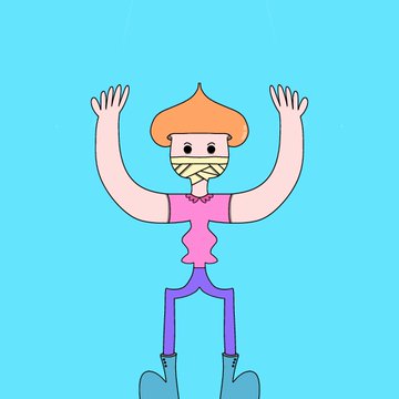 A cartoon illustration of a genie-like character with orange hair, a pink top, and purple pants, with arms raised against a cyan background.