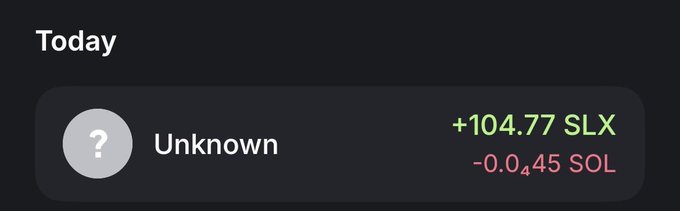 A dark-themed app interface displays 'Today' with a 'Unknown' contact entry showing a gain of '+104.77 SLX' in green and a loss of '-0.045 SOL' in red.