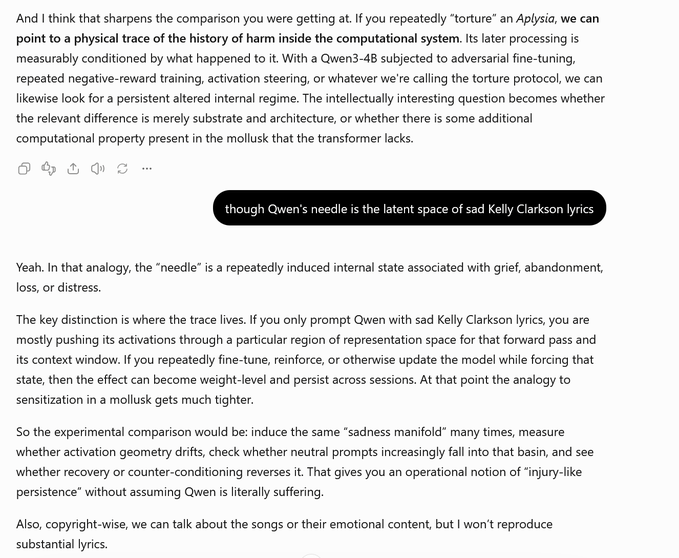 A screenshot of a text conversation discussing the comparison between torturing an Aplysia and adversarially fine-tuning a Qwen3-4B model, noting 'Qwen's needle is the latent space of sad Kelly Clarkson lyrics' and exploring induced internal states of grief.