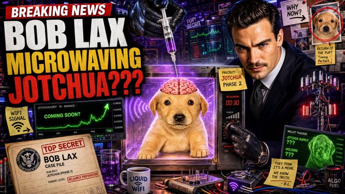 A sensationalized news-style graphic proclaims "BREAKING NEWS: BOB LAX MICROWAVING JOTCHUA???" alongside imagery of a scientist, a golden retriever puppy with an exposed brain, lab equipment, and "TOP SECRET" case files, teasing tomorrow's launch of Jotchua (v2).