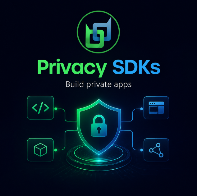 A promotional graphic for 'Privacy SDKs' with the tagline 'Build private apps' features a glowing green and blue shield with a padlock icon, connected to symbols for code, 3D, browser, and network.
