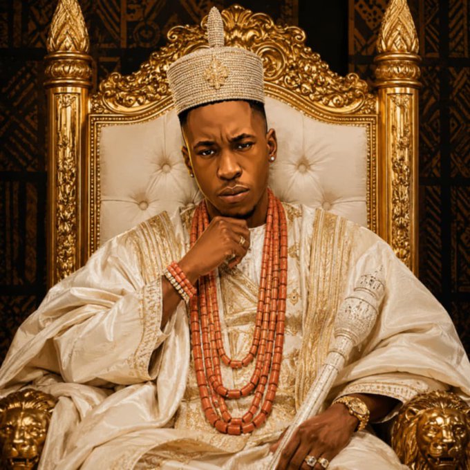 A portrait of a young man in traditional Nigerian royal attire, wearing a beaded crown, multiple strands of coral beads, and white and gold robes, seated on an ornate golden throne.