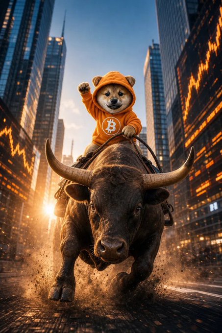 A Shiba Inu dog in an orange Bitcoin hoodie riding a charging bull through a city street with skyscraper stock charts in the background.