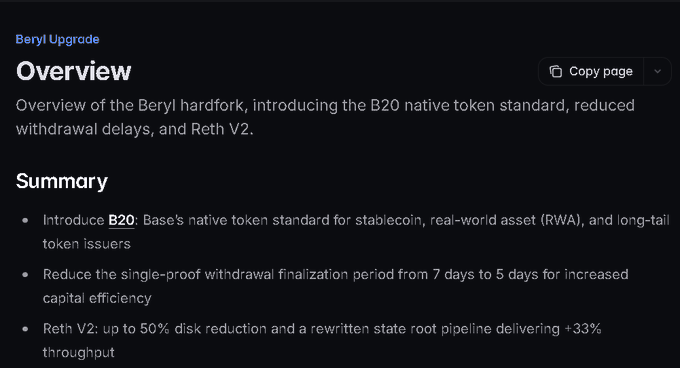 The image shows a screenshot of a webpage titled "Beryl Upgrade" that has a summary at the top and an overview of the Beryl upgrade process below. The text explains that the Beryl upgrade involves introducing new features, such as Beryr Hardfork's native token standard for stable, real-world asset transfer, and reducing the number of days required to reduce the single-proof write-once transaction from 7 days to 5 days.