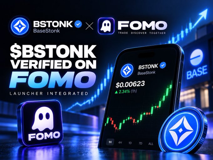 A promotional graphic announcing "$BSTONK VERIFIED ON FOMO" with the FOMO logo and a phone displaying a stock chart showing $0.00623 with a 2.34% increase.