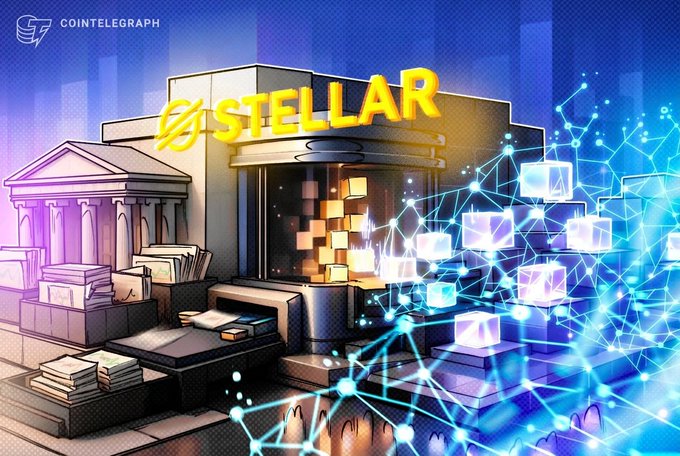 A Cointelegraph illustration shows the Stellar logo above a building, with classical columns on the left and a glowing blue blockchain network visualization on the right.