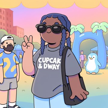 A cartoon-style illustration shows a girl with blue braids, sunglasses, and a "CUPCAK & DWAY" shirt making a peace sign, with a man in a "22" shirt and a penguin in the background.
