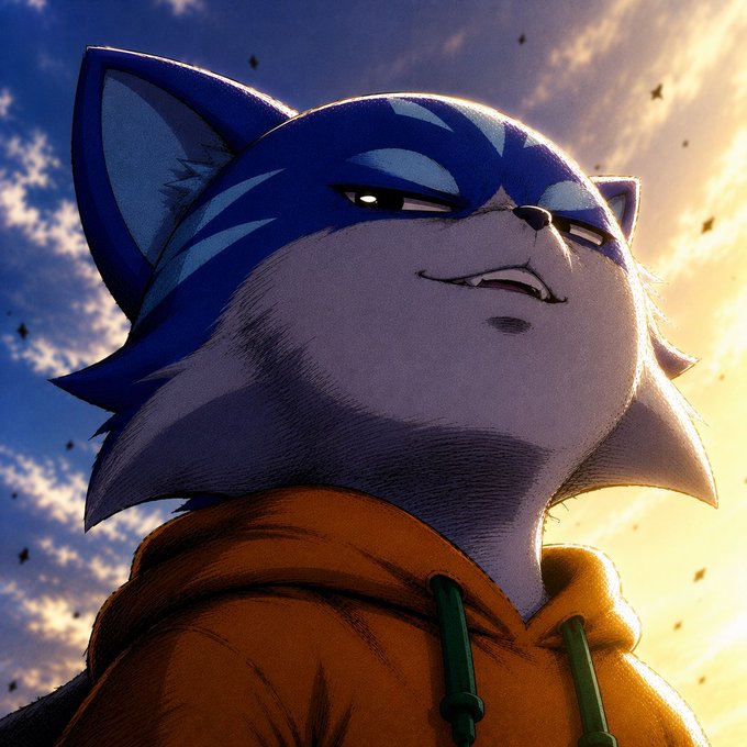 The image features a cartoon cat wearing an orange hoodie, standing against a blue sky with clouds. The cat appears to be looking up at something or someone, possibly expressing frustration or annoyance. In the background, there are several birds flying around, adding to the overall atmosphere of the scene. The caption provided in the image reads: "Something or rather someone is telling me $TOSHI has had it with the bears. No more." This suggests that the cat might be upset about something related to the bears and wants them to stop bothering him.