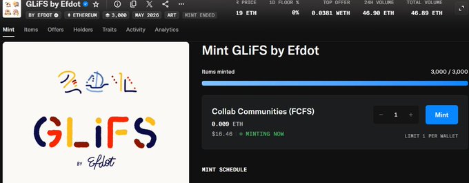 The image shows a screenshot of a web page featuring the Mint Glifs logo, which is placed at the top left corner. The post includes several lines of text written by someone named Efdot. It highlights that they have successfully minted their allocation out of the @GLiFSbyEfdot account, but due to Bots in their allocation, they are unable to perform a trade within the next 24 hours using the FCFS trading strategy.