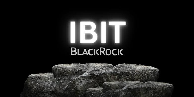 A black promotional image displays the glowing white text 'IBIT BLACKROCK' above some rocks.