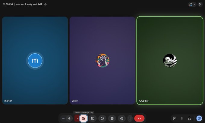 The image displays a video call interface showing three participants: "marton," "Vesty," and "Cryo Saf," with Vesty and Cryo Saf visible alongside their profile images. This likely captures a meeting discussing the Traceforms NFT project mentioned in the post, featuring the team's discussion about their ASCII-style NFT collection of 7,777 pieces priced at 0.0033 ETH.