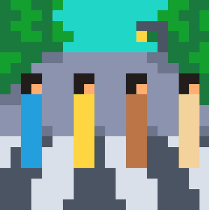 A pixel-art style image showing four blocks of colored characters in front of a large blue sphere against a green backdrop.