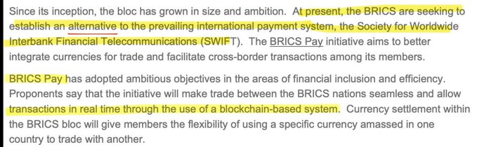 The image shows highlighted text discussing BRICS' efforts to establish an alternative to the SWIFT international payment system, specifically through the BRICS Pay initiative, which aims to enable real-time blockchain-based transactions and flexible currency settlement among member nations. The accompanying post compares BRICS Pay to XRP as parallel efforts to replace SWIFT, aligning with the image's mention of blockchain-based cross-border payment solutions.