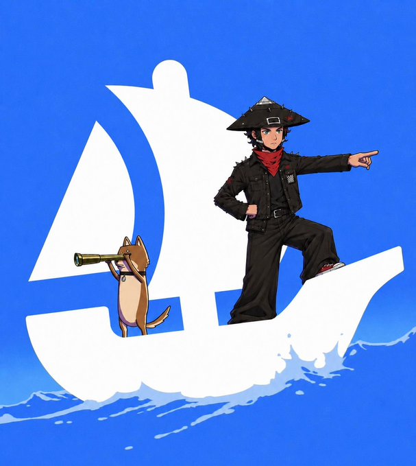 An anime-style cartoon pirate in a wide-brimmed black hat, red bandana, and dark coat stands confidently atop a white silhouette of a sailboat, pointing forward toward an unseen horizon, while his small brown dog peers through a brass telescope from the deck below, all set against a vibrant blue background with stylized ocean waves crashing beneath the vessel.

The adventurous, treasure-hunting imagery pairs with the post's advice about evaluating NFT projects, visually reinforcing the idea that successful traders—like skilled pirates navigating the seas—must first identify what genuine "treasure" (value and demand) lies ahead before setting sail on an investment.