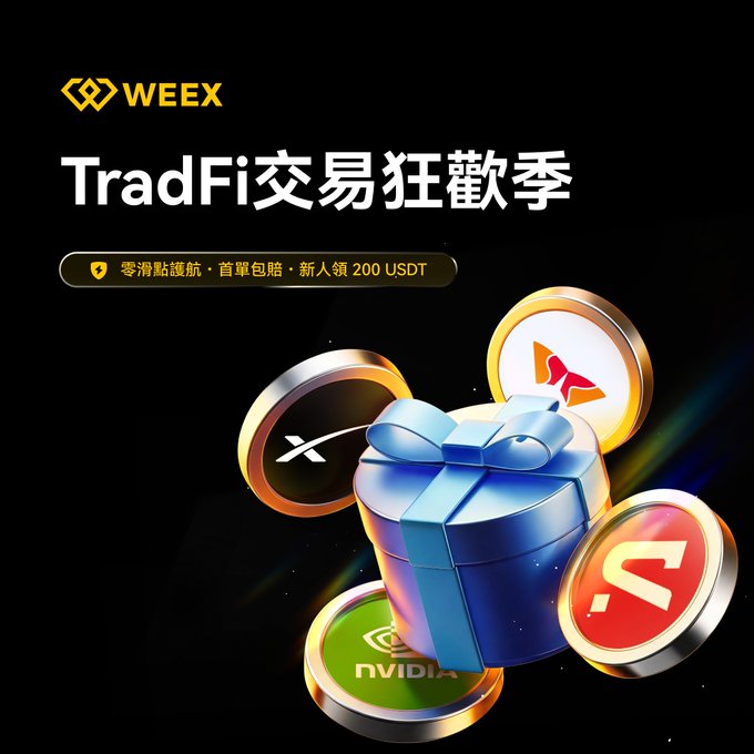 WEEX promotional banner for 'TradFi交易狂歡季' featuring a blue gift box surrounded by coins including XRP, NVIDIA, and other crypto tokens, with text '零滑點護航·首單包賠·新人領 200 USDT'.