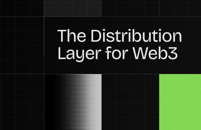 A black graphic with the text 'The Distribution Layer for Web3' next to a green square and a dotted gradient pattern.