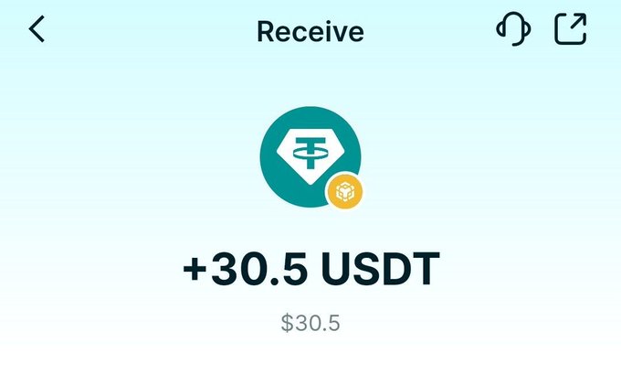 A mobile crypto wallet receive screen showing the Tether (USDT) logo with an incoming amount of +30.5 USDT ($30.5).