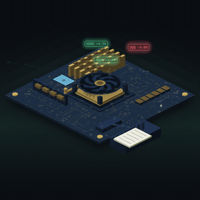 An isometric illustration of a circuit board with a cooling fan at its center, displaying floating stock tickers "HOOD +4.7%", "AMZN +3.8%", and "QQQ -5.0%" above it, alongside labels like "CPU" and "RAM." The image visually reinforces the post's metaphor of "letting them cook" by depicting the fan and circuitry as a system in progress, while the ticker overlays subtly critique the impulsive trading mentality the author warns against.