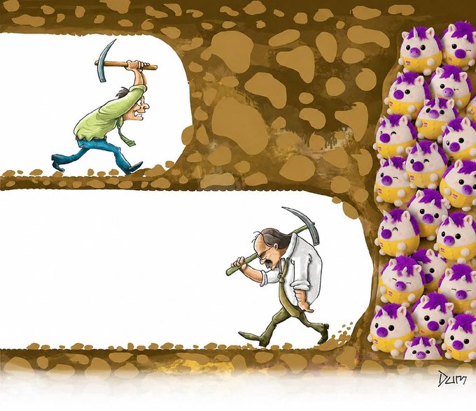 A two-panel cartoon illustration shows miners wielding pickaxes inside a cavern, with the right side revealing a massive horde of small, round, purple-and-yellow hamster-like creatures.