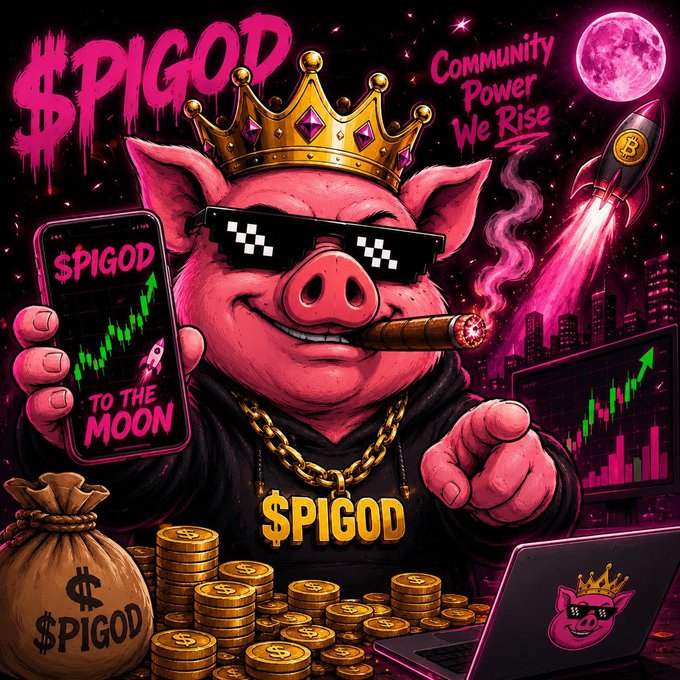 A vibrant pink and black digital illustration features a pig wearing sunglasses and a gold crown, holding a phone displaying '$PIGOD TO THE MOON', with text 'Community Power We Rise' and 'Spigod' visible amid stacks of coins.