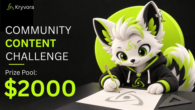 A promotional graphic for a Kryvora Community Content Challenge featuring a cute white and green fox-like mascot drawing, with a prize pool of $2000.