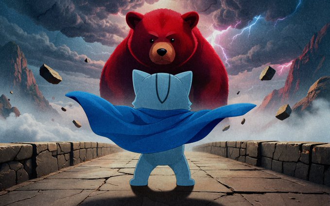 The image features a cartoon bear with a blue cape standing next to a small cat, both facing each other. The caption below the image reads "Don't let the bear defeat you Seize the opportunity". This message encourages viewers to take advantage of opportunities presented by others and not be afraid or intimidated by challenges posed by larger opponents like the bear in the cartoon.