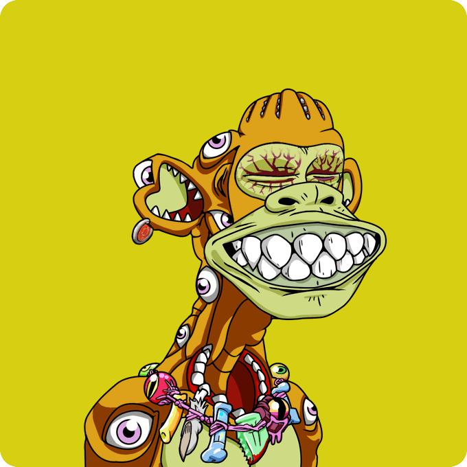 A cartoon-style illustration of a grotesque, grinning monkey-like creature with multiple eyes, teeth, and dangling body parts against a bright yellow background.