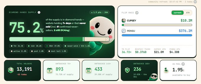 Dashboard showing Diamond Hands Supply at 75.2% for a meme coin, with a "Flip Race" between CUPSEY ($10.2M) and PENGU ($376.2M), and stats including 13,191 total holders and 893 untouched 7+ day holders.