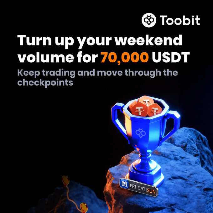 An advertisement for Toobit displays the text 'Turn up your weekend volume for 70,000 USDT' and 'Keep trading and move through the checkpoints' alongside a blue trophy graphic.