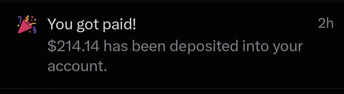 A push notification reading 'You got paid! $214.14 has been deposited into your account.' with a party popper emoji, timestamped 2h.