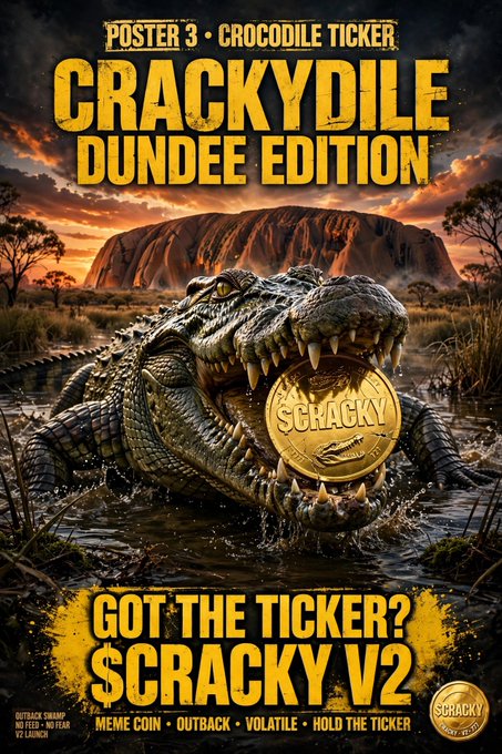 Movie poster parody titled 'CRACKYDILE DUNDEE EDITION' showing a crocodile holding a '$CRACKY' coin in its mouth, with text 'GOT THE TICKER? $CRACKY V2' and 'MEME COIN • OUTBACK • VOLATILE • HOLD THE TICKER' at the bottom.