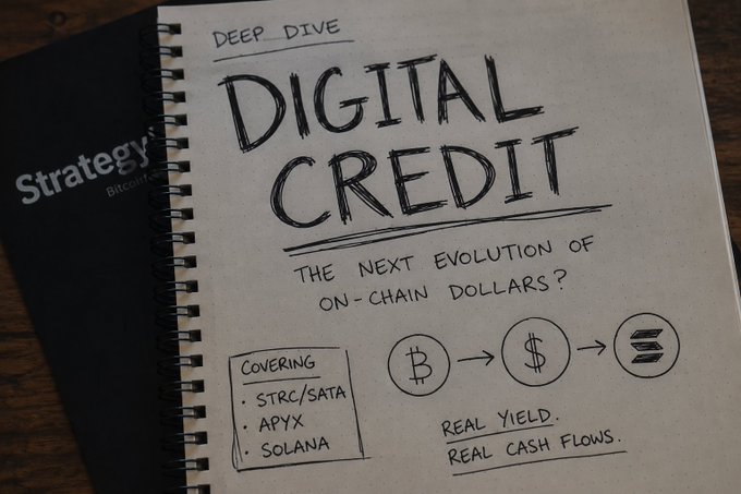 The image shows a spiral notebook open to a hand-drawn page titled "DEEP DIVE: DIGITAL CREDIT - THE NEXT EVOLUTION OF ON-CHAIN DOLLARS?" with a "Strategy: Bitcoin..." book partially visible beside it. The page features tickers STRC/SATA, APYX, and Solana, along with a flow diagram showing Bitcoin → Dollar → stablecoin icons and the tagline "REAL YIELD. REAL CASH FLOWS." This visual represents the author's deep dive into digital credit and on-chain dollar mechanics, tied to their mention of @apyx_fi research.
