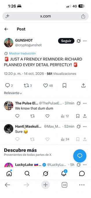 A mobile screenshot of an X (Twitter) post by GUNSHOT (@cryptogunshot) reminding readers that 'RICHARD PLANNED EVERY DETAIL PERFECTLY!', dated October 14, 2026.