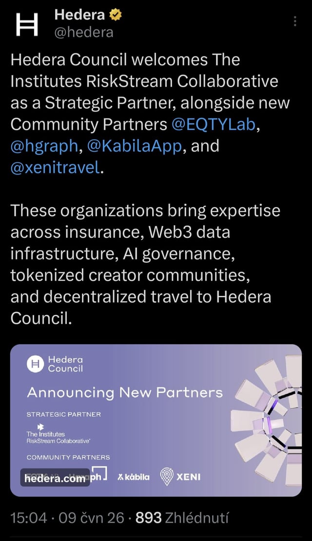 The image features a computer screen with a social media platform where an announcement has been made for new partners named "Hedera Council". The post includes text indicating that this organization welcomes the Institute RiskStream Collaborative as a strategic partner, and that they will be working alongside Community Partners @EQTYLab, @hgraph, @KabilaApp, and @xenitravel. There is also information about what these new partners will bring to the table in terms of expertise across insurance, Web3 data infrastructure, AI governance, tokenized creator communities, and centralized travel solutions.
