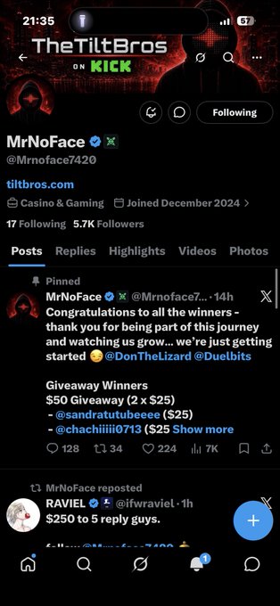 Mobile screenshot of an X (Twitter) profile for 'MrNoFace (@Mrnoface7420)' on TheTiltBros, showing a pinned post announcing giveaway winners with $25 prizes for @sandratutubeee and @chachiii0713.