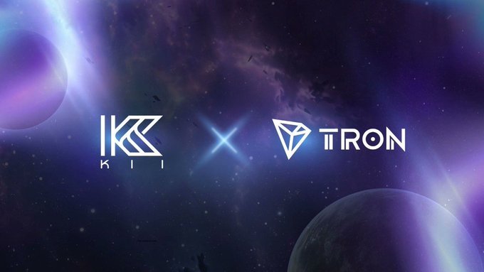 A space-themed promotional graphic displays the KII logo and 'TRON' logo separated by an 'X' against a cosmic background with planets.