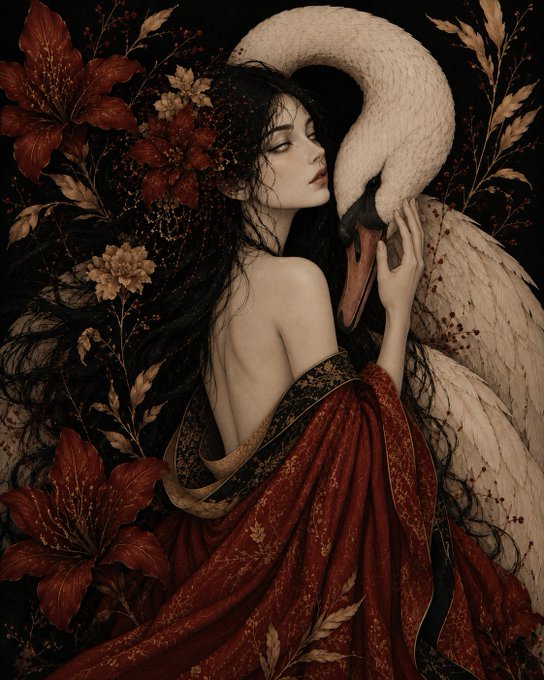 A dark, ornate illustration shows a woman in a red floral robe embracing a white swan amid large flowers and foliage.