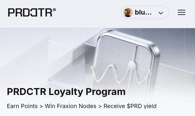 A screenshot of the PRDCTR website displaying its "Loyalty Program," where users can "Earn Points > Win Fraxion Nodes > Receive $PRD yield," showing a 3D-rendered metallic node device in the background alongside the user's "blu..." profile. The image visually reinforces the post's announcement of the live loyalty program, highlighting the opportunity to claim a free Fraxion node.