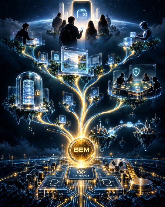 A glowing "BEM" coin sprouts into a digital tree of floating islands, where diverse users interact with devices, security shields, and cityscapes above circuit board roots labeled "TAPEOUT," "NAND," and "LATCH," with a film reel symbolizing tapeUP's protocol proposal woven into the foundation.

The imagery visually mirrors the post's points: the cosmic, interconnected ecosystem represents the "lightest full-chain solution" expanding across users and applications, while the "TAPEOUT" label and reel directly evoke the TAP-20 protocol standard and tapeUP's participation in its proposal, all anchored by the central BEM coin ready for staking.
