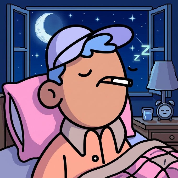 A cartoon character wearing a blue and purple nightcap sleeps in bed with a thermometer in their mouth and 'Z's floating from their head. A window behind them reveals a starry night with a crescent moon.