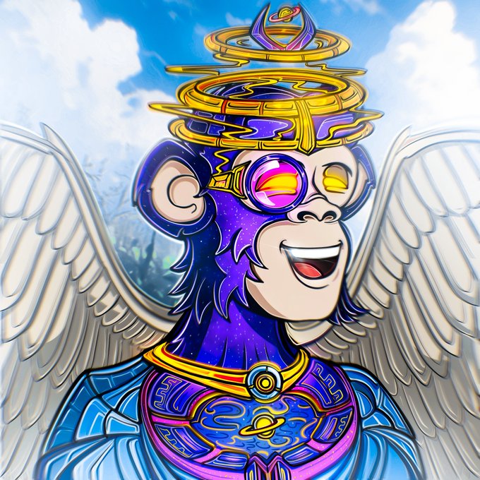 A cosmic-themed primate with starry purple fur, golden planetary halos, and radiant white wings beams joyfully against a cloudy sky, embodying the divine fusion of primal nature and celestial wisdom described in the post. The ornate galactic chest plate and Saturn-crowned headdress visually reinforce the "Astral Primal" concept of transcendent evolution.
