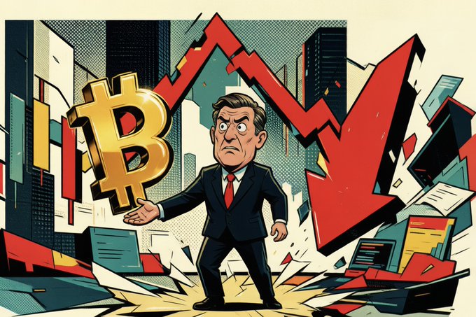 The scene shows a man wearing a suit, standing with his arms raised, holding a gold Bitcoin token over his head as if he is presenting or selling it. Behind him, an illustration of a red arrow pointing downwards and a city skyline filled with buildings is displayed. The caption below the image reads, "Saylor's Never Sell Your Bitcoin". This phrase seems to be related to the broken symbol in the foreground of the photo, possibly indicating that there are certain aspects of Bitcoin that need to be considered carefully.